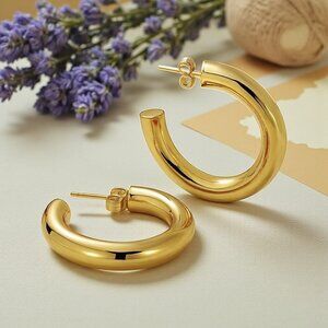 Chunky C Hoop Earrings 18K Gold Plated Stainless Steel Statement Modern